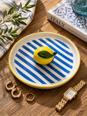 Blue White Striped Lemon Trinket Tray 7” Round Ceramic Italian Farmhouse Decor